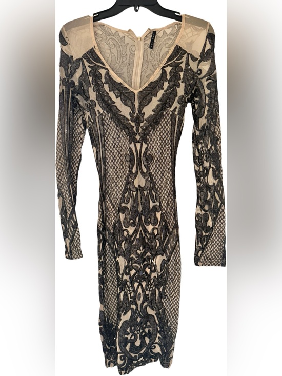 Dresses & Skirts - Embellished Sheer Mesh Long Sleeve Dress - Black on Nude